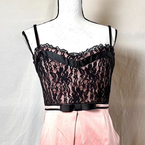 Vintage 80s City Triangles Wm Sz 11 Pink Black Lace Strap Dress Prom Going Out - Picture 1 of 9